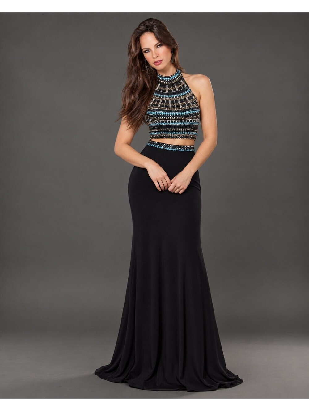 Y2K Dave & Johnny Prom Formal Gown High Neck Beaded 2 Piece Black Blue Size 1/2